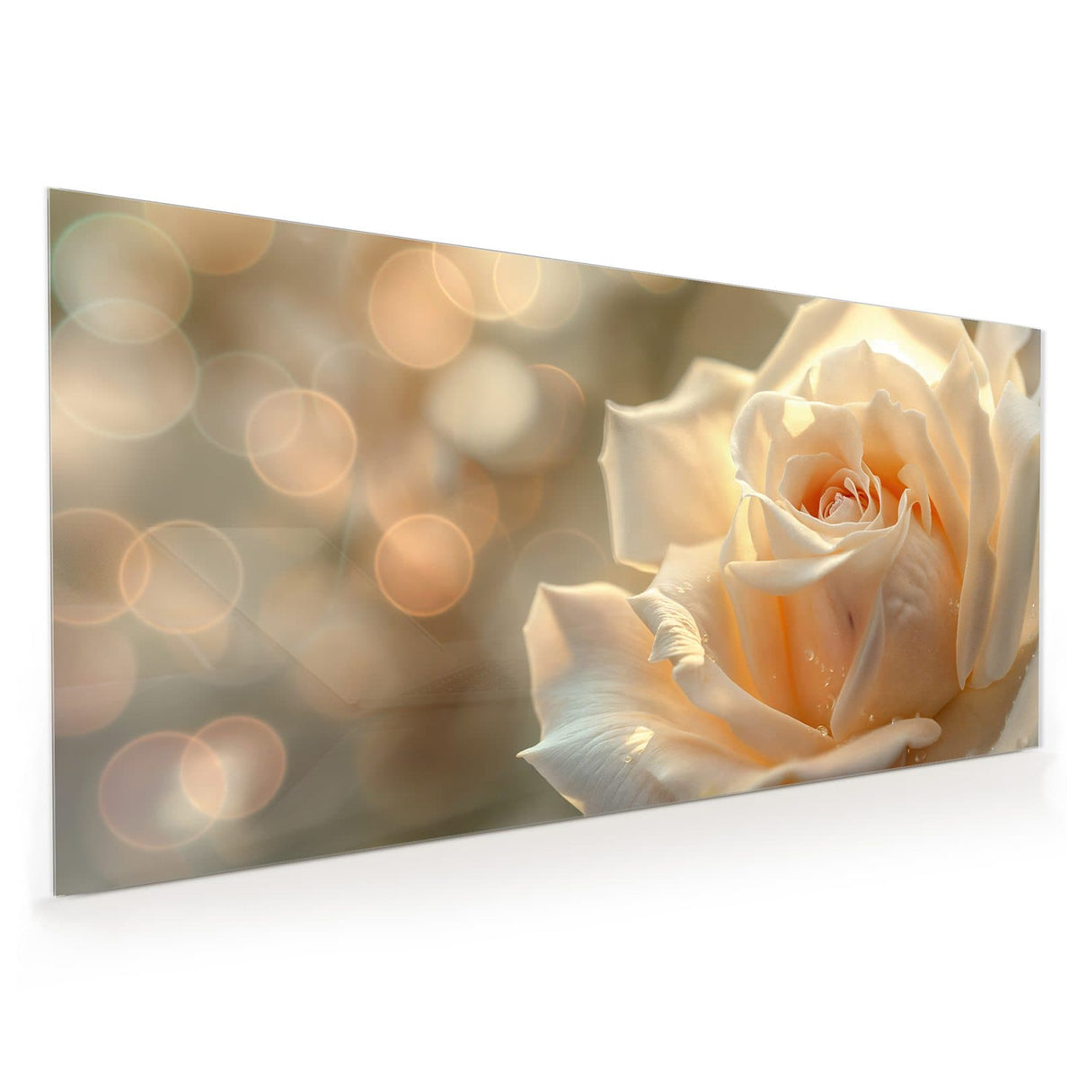 Küchenrückwand aus Glas im Hochformat: Cremeweiße Rose mit Wassertropfen vor goldenem Bokeh