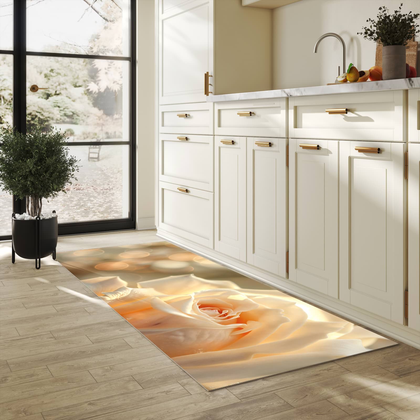 Küchenläufer mit Motiv Elegante Rose in heller Küche für sichere Aufbewahrung