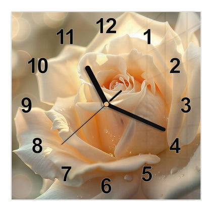 Wanduhr Quadratisch mit dem Motiv Rose mit Wassertropfen