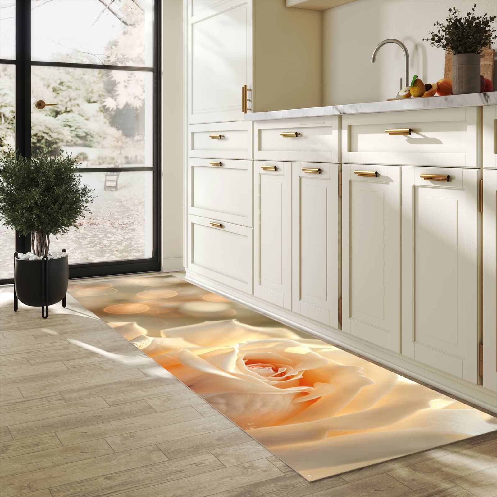 Farbbeständiger Küchenteppich mit Motiv Elegante Rose in heller Küche