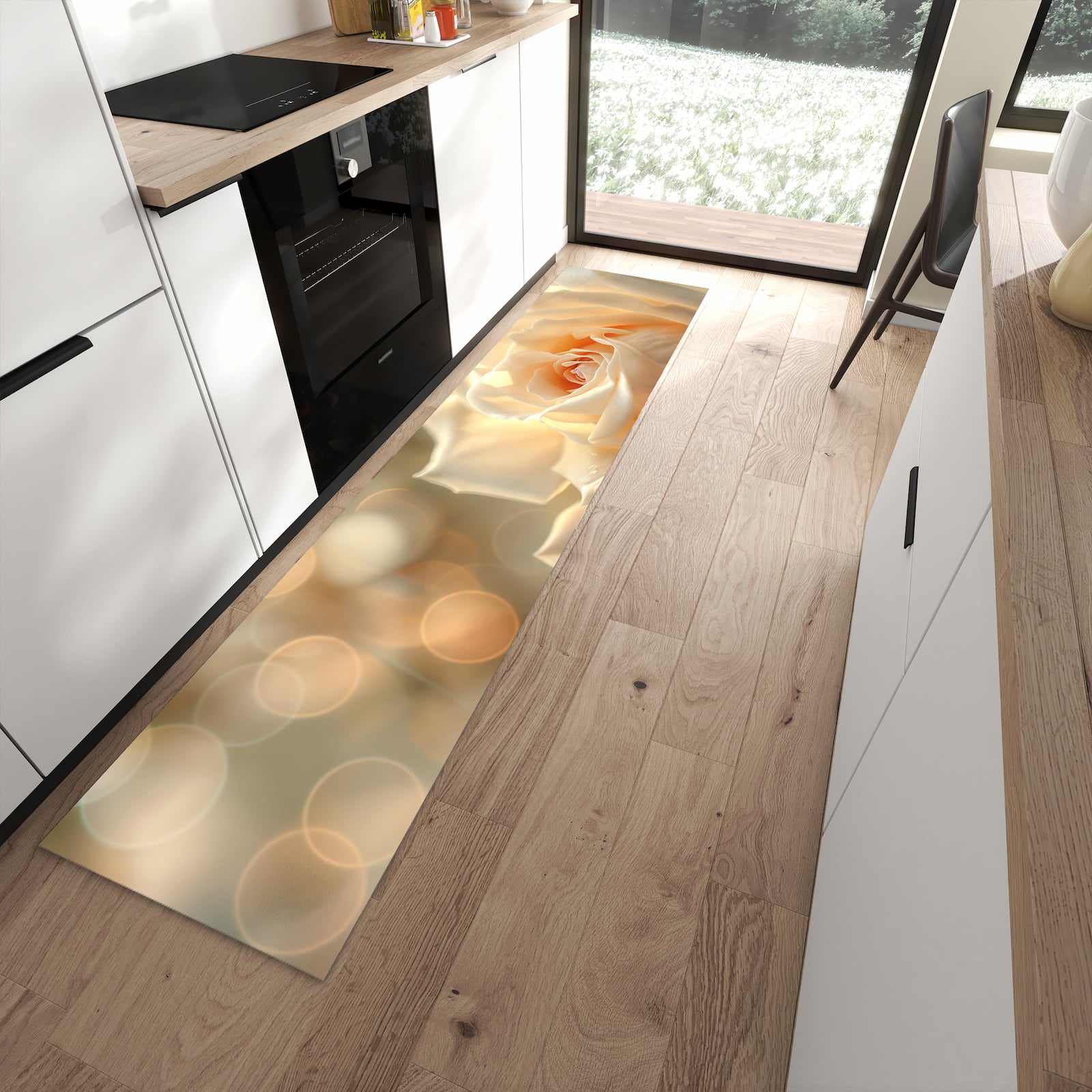 Waschbarer Küchenteppich mit Motiv Elegante Rose in moderner Küche