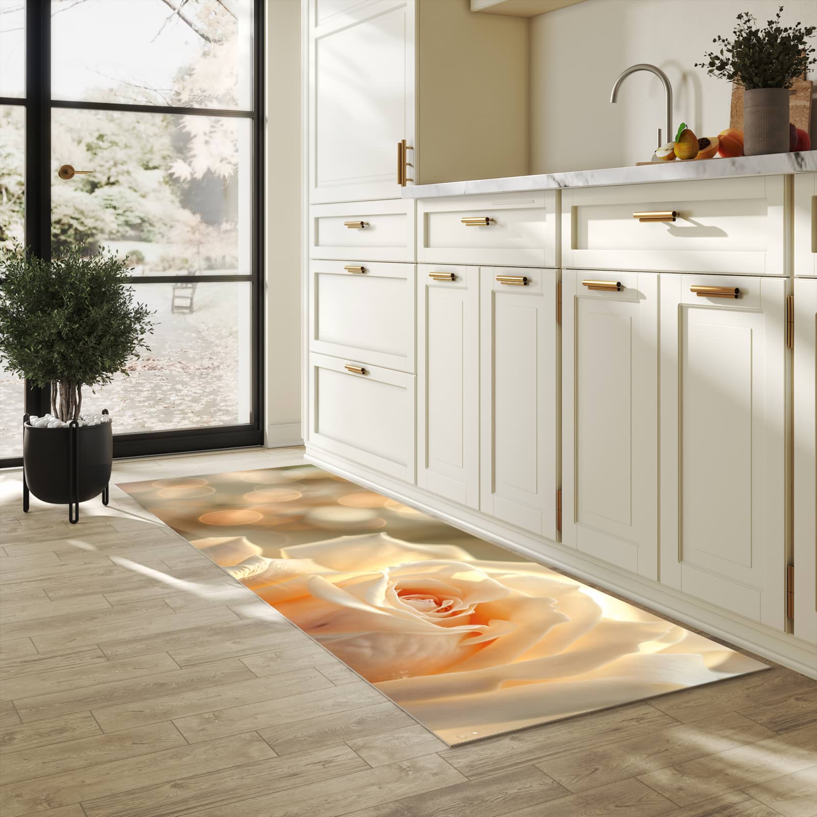 Küchenteppich mit Motiv Elegante Rose für Ordnung in heller Küche