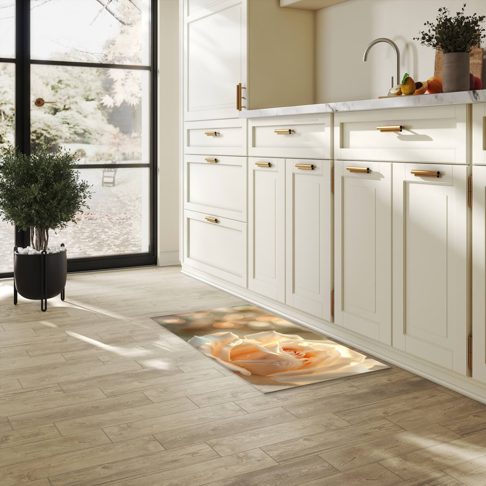 Waschbarer Küchenläufer mit Motiv Elegante Rose in heller Küche für angenehme Haptik