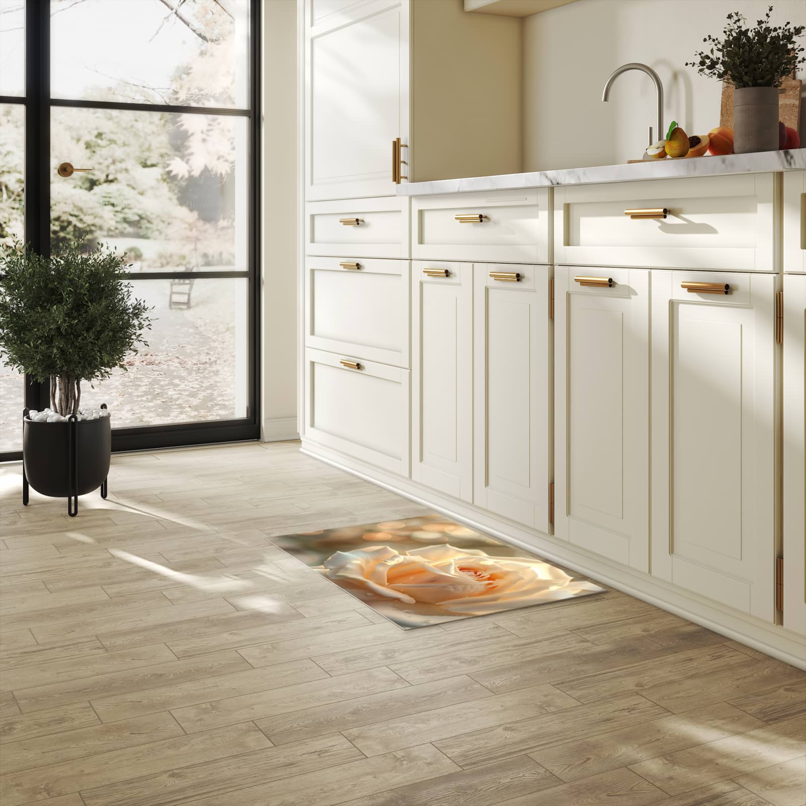 Feuchtigkeitsresistenter Teppich für Küche mit Motiv Elegante Rose in heller Küche