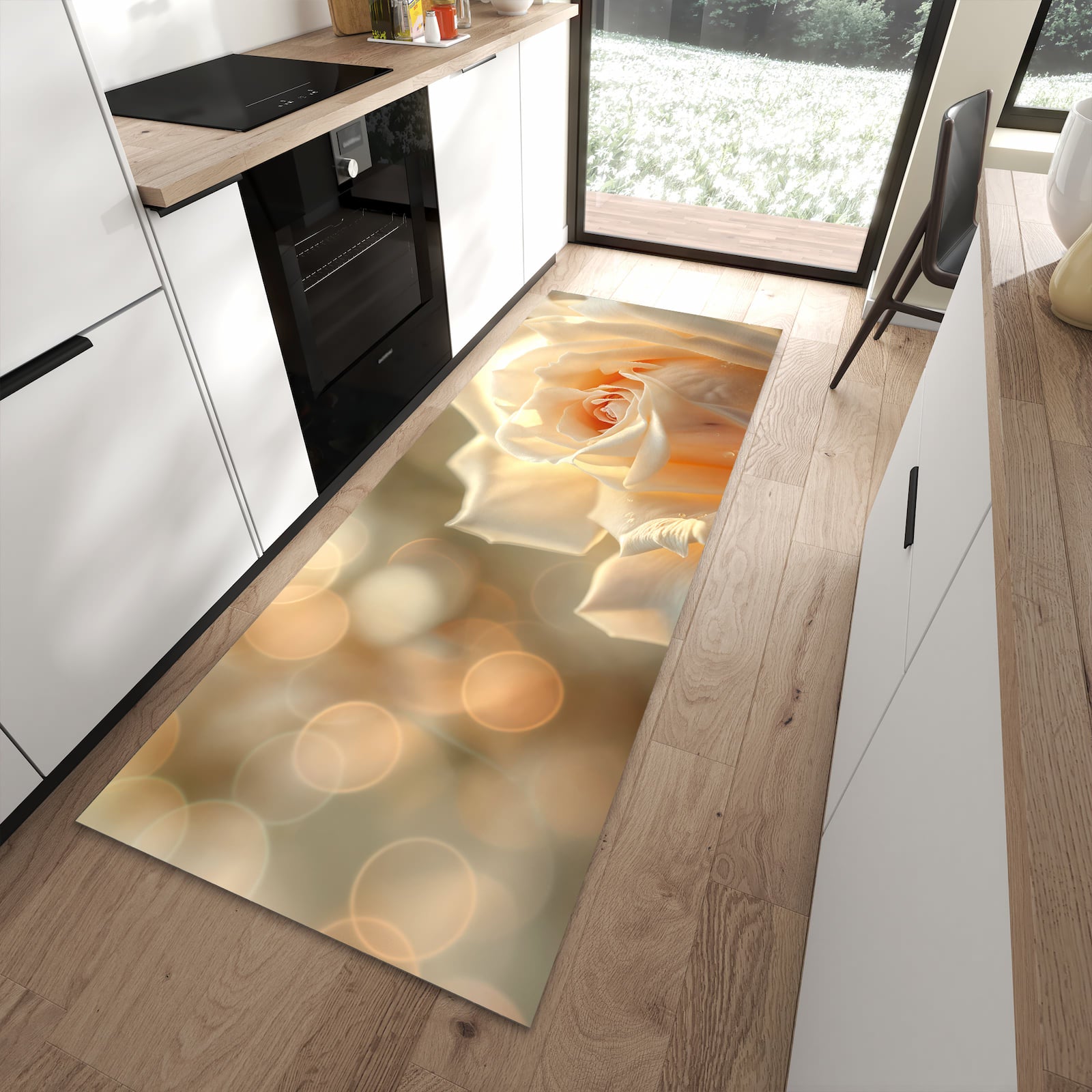 Bodenschonender rutschfester Küchenläufer mit Motiv Elegante Rose in moderner Küche
