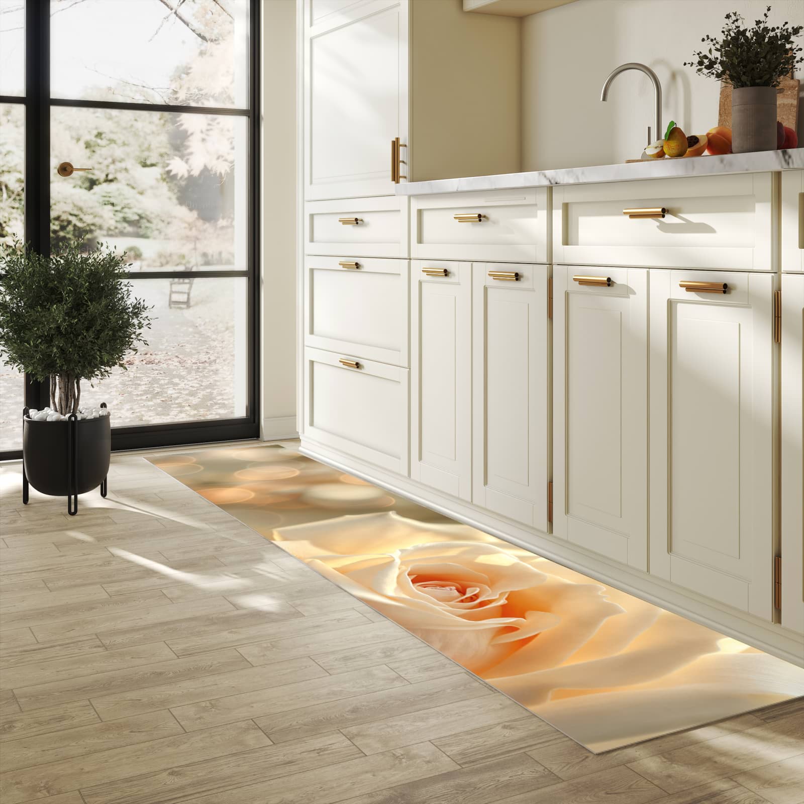 Rutschfester Küchenteppich mit Motiv Elegante Rose in heller Küche