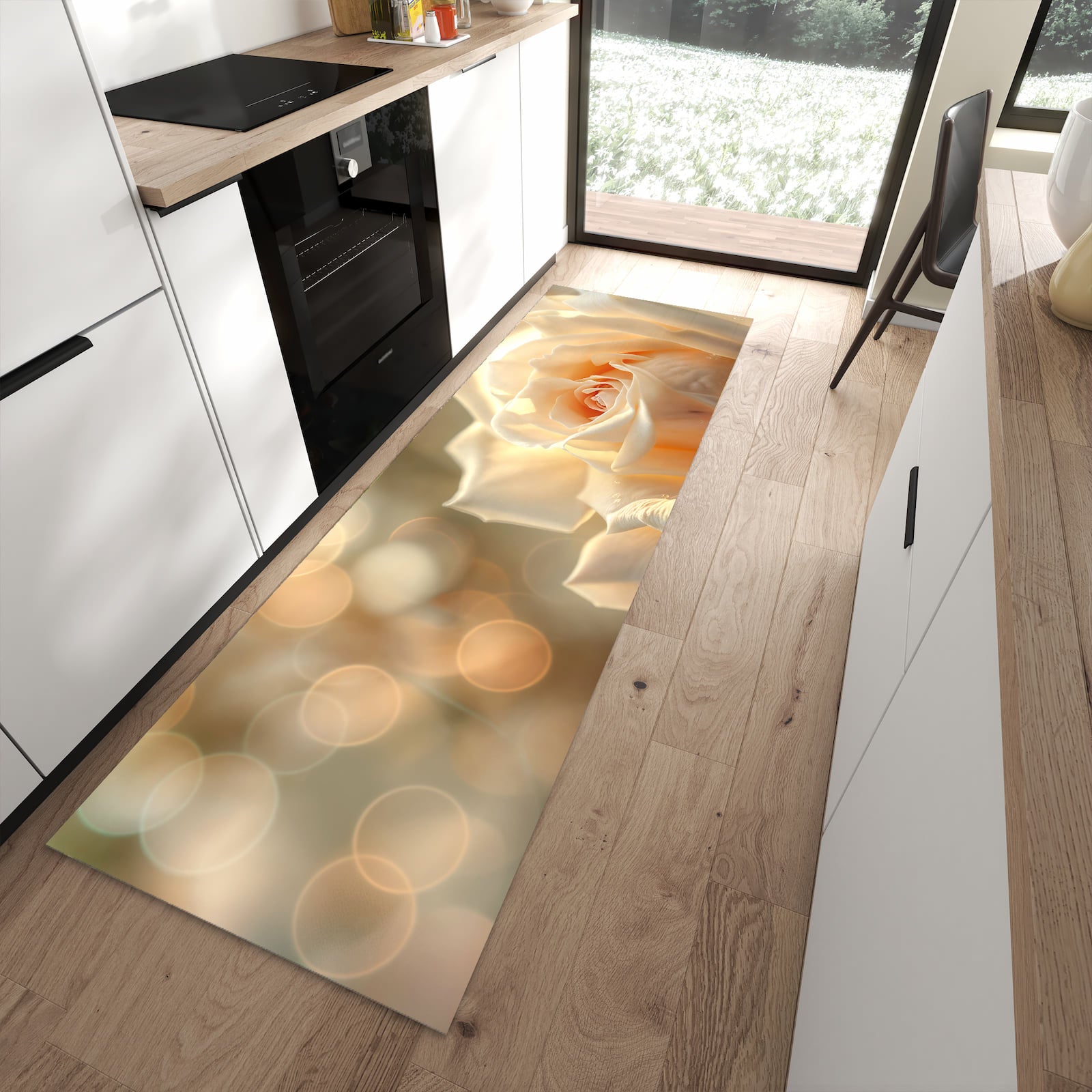 Waschbarer Küchenläufer mit Motiv Elegante Rose in moderner Küche