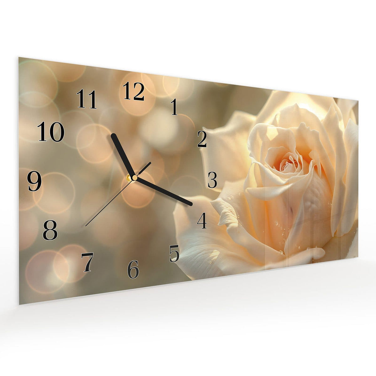 Vormontiert – mit Schwebeeffekt – Wanduhr Elegante Rose aus Glas – Querformat 60 × 30 cm