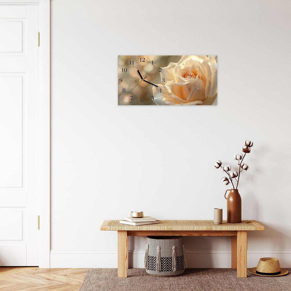 Moderne Wanduhr aus Glas mit Farbtiefe – Wanduhr Elegante Rose aus Glas – Querformat 60 × 30 cm