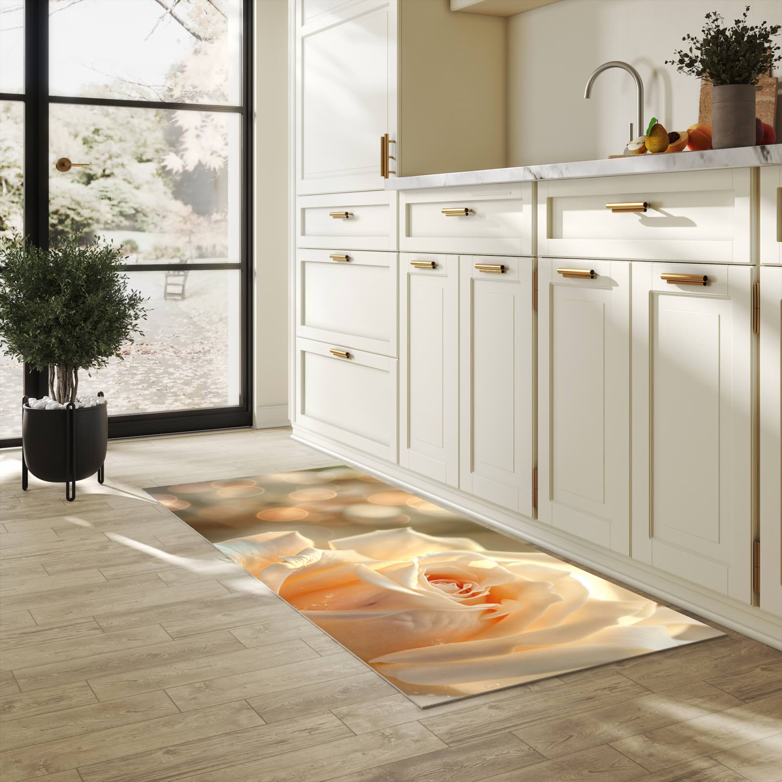 Bodenschonender Küchenteppich mit Motiv Elegante Rose in heller Küche