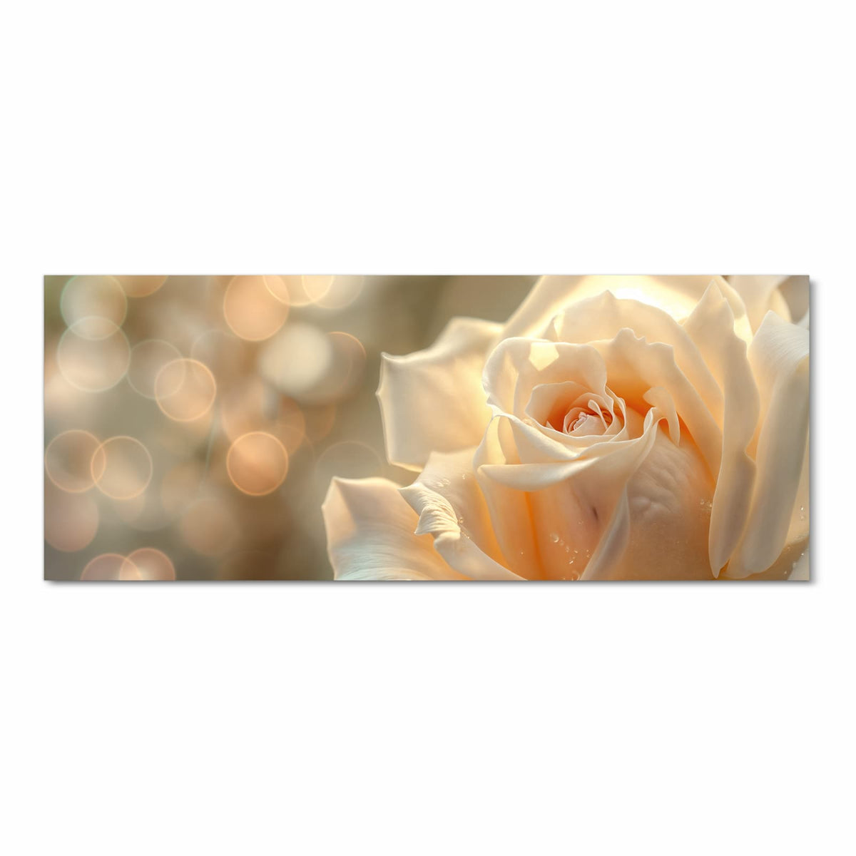 Cremeweiße Rose mit Wassertropfen vor goldenem Bokeh