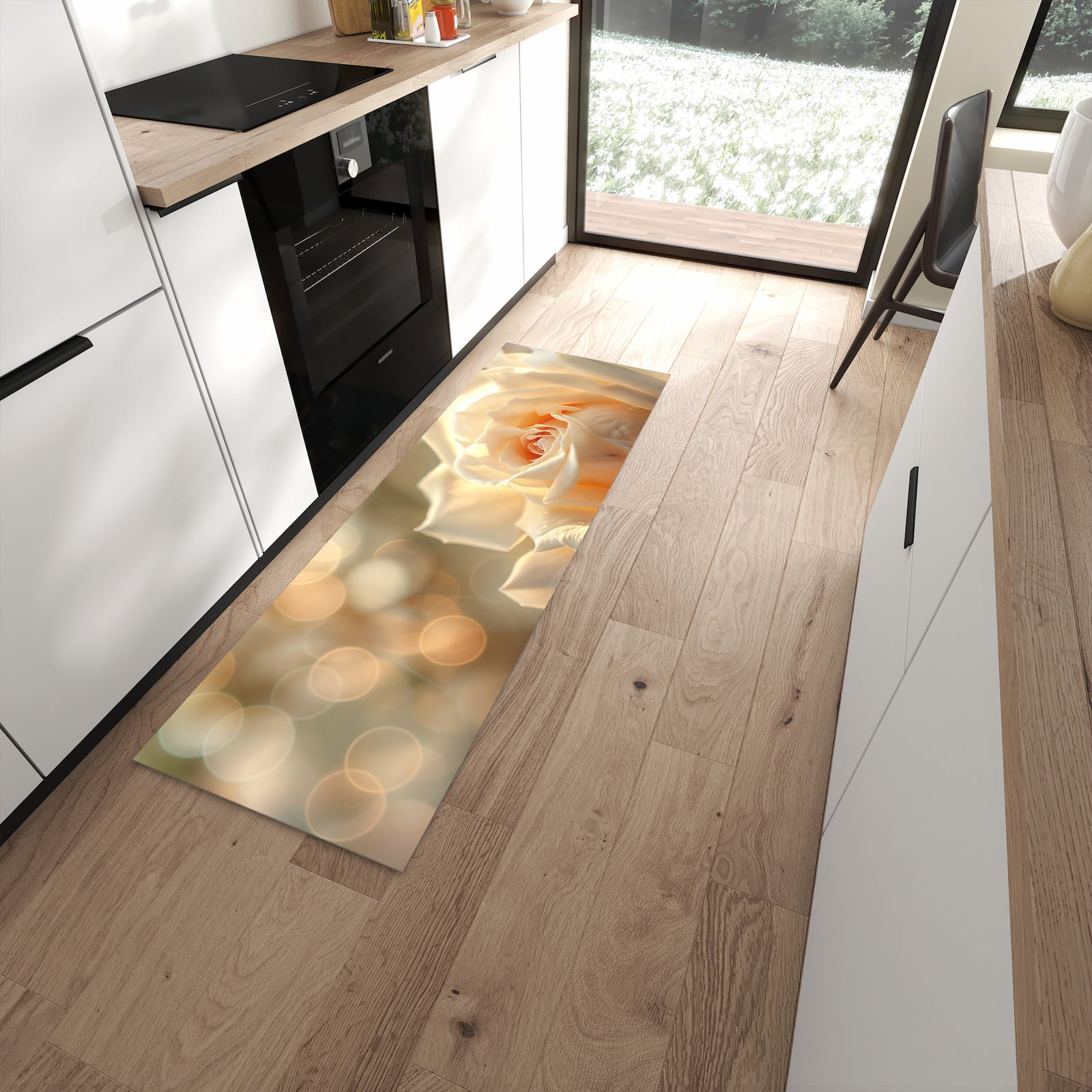 Komfortabler großer Küchenteppich mit Motiv Elegante Rose in moderner Küche