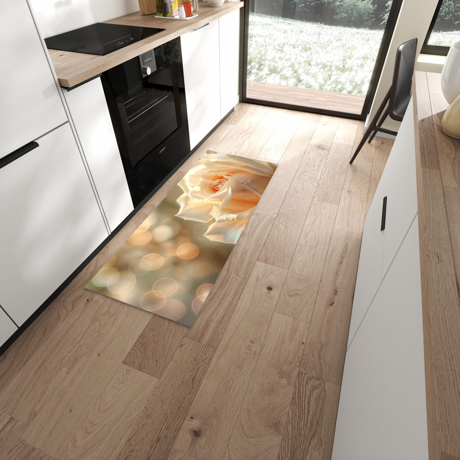 Pflegeleichter waschbarer Küchenteppich mit Motiv Elegante Rose in moderner Küche #grösse_60 x 150 cm