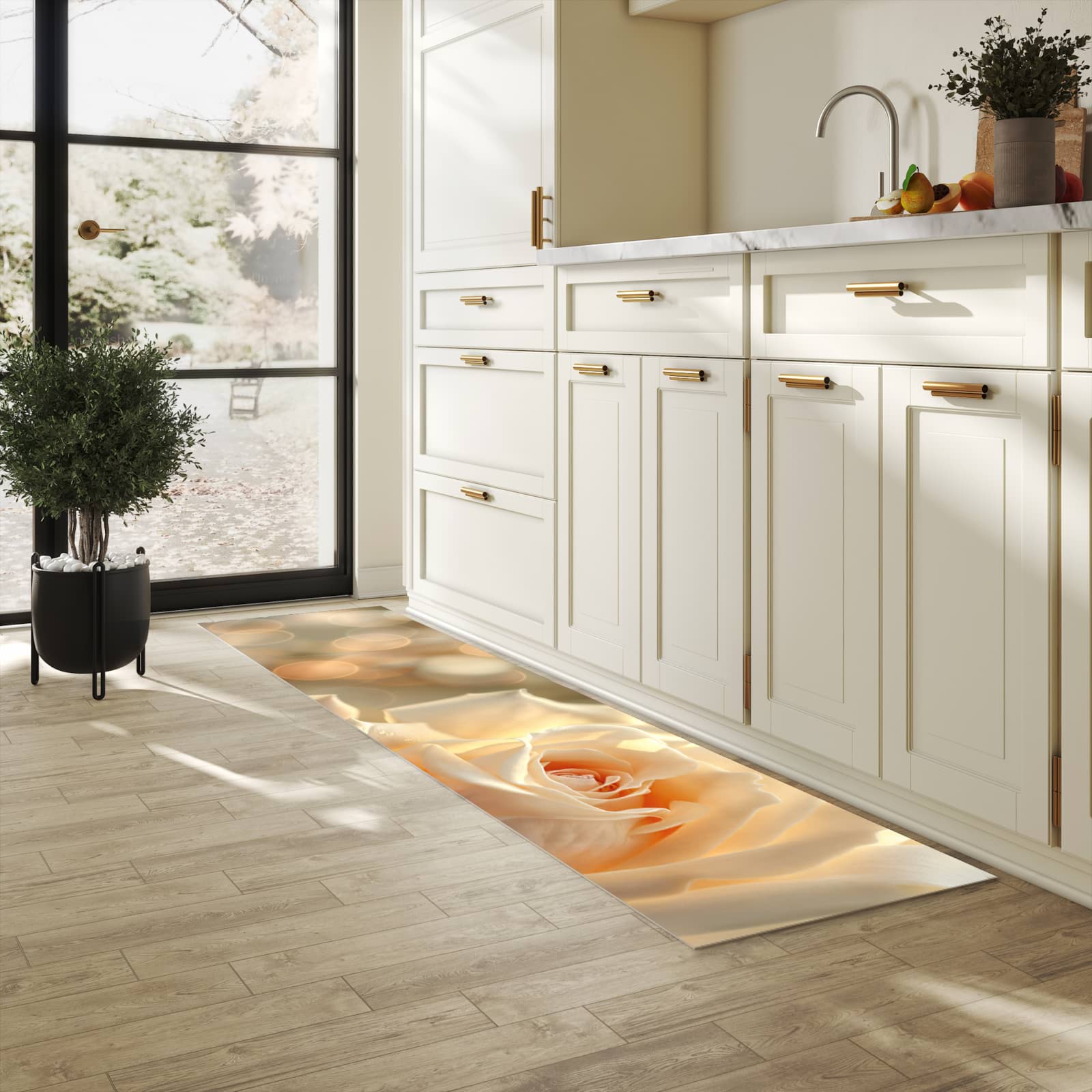 Langlebiger Küchenläufer mit Motiv Elegante Rose in heller Küche