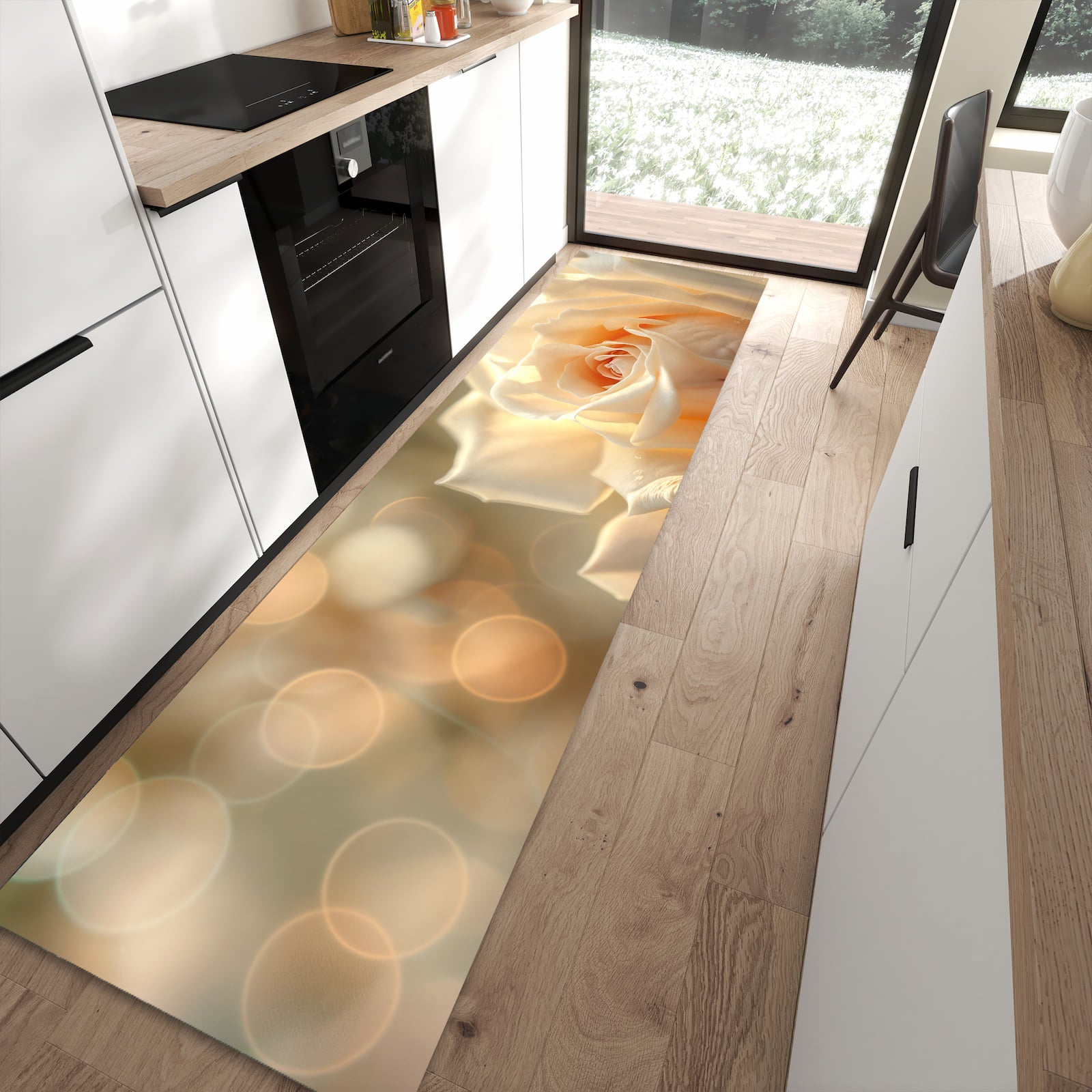 Rutschfester Küchenläufer mit Motiv Elegante Rose in moderner Küche