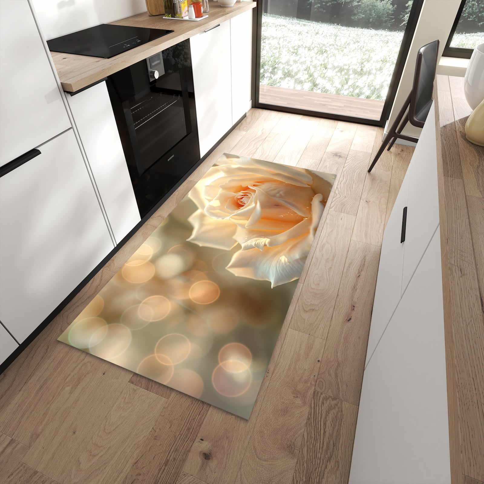 Feuchtigkeitsresistenter waschbarer Küchenläufer mit Motiv Elegante Rose in moderner Küche