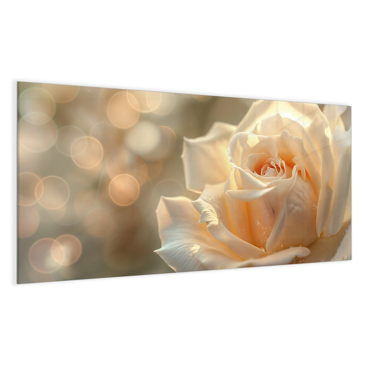 Cremeweiße Rose mit Wassertropfen vor goldenem Bokeh