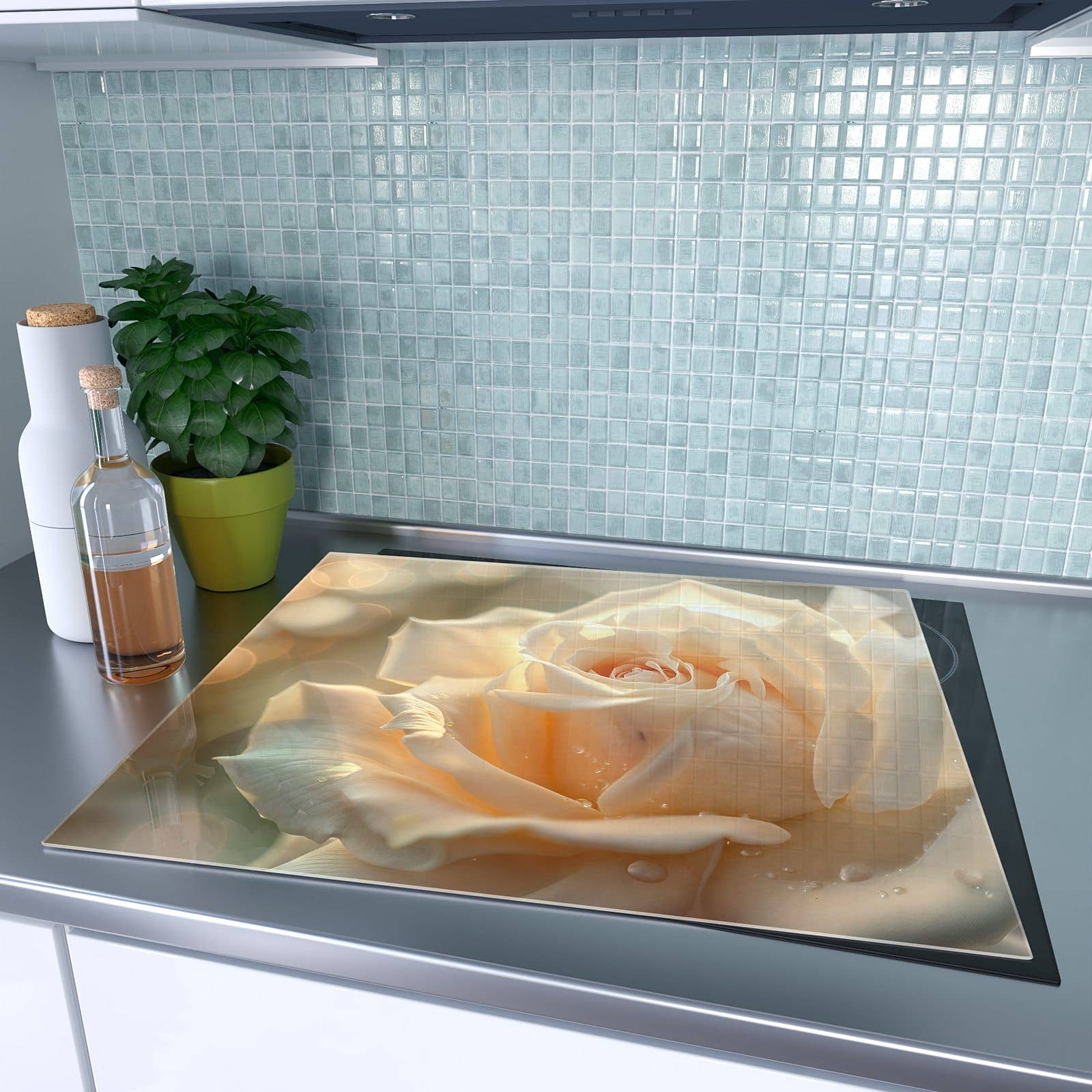 1-teilige Herdabdeckplatte mit Elegante Rose-Motiv auf dem Ceranfeld