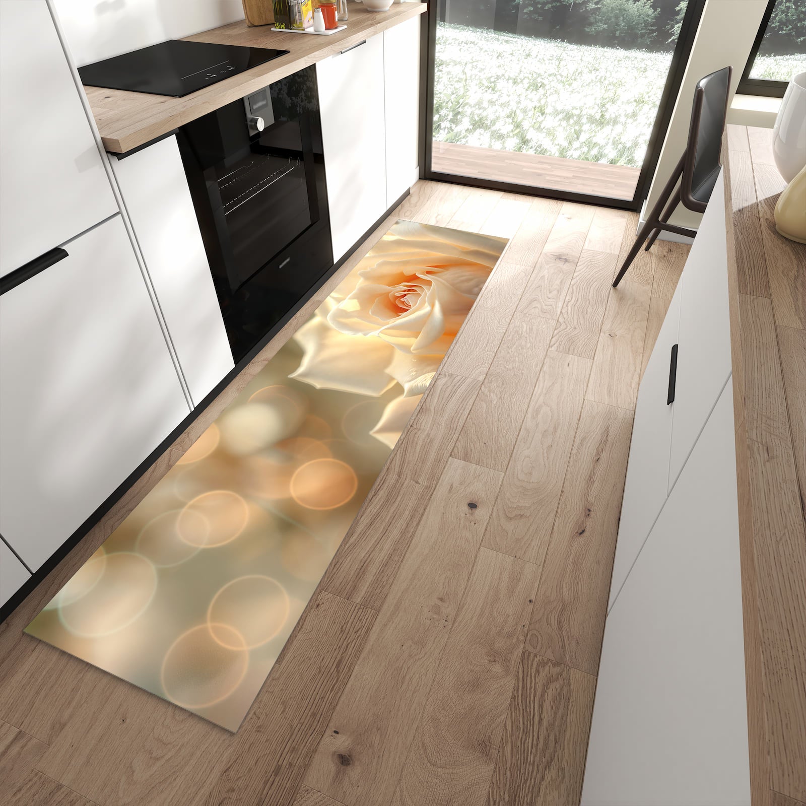 Rutschfester Küchenteppich mit Motiv Elegante Rose in moderner Küche