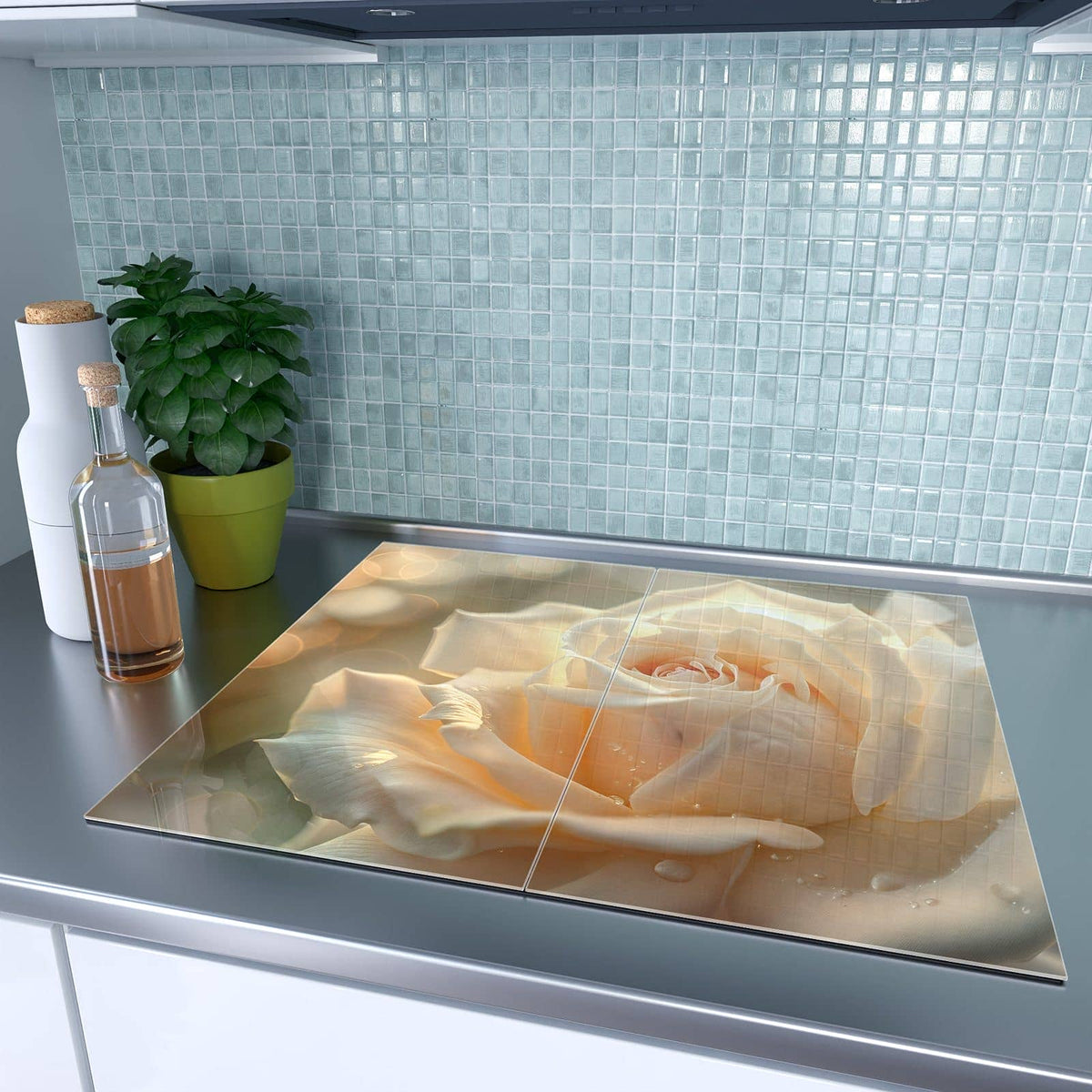 Herdabdeckplatte Rose mit Wassertropfen – Cremefarbene Rose mit Wassertropfen