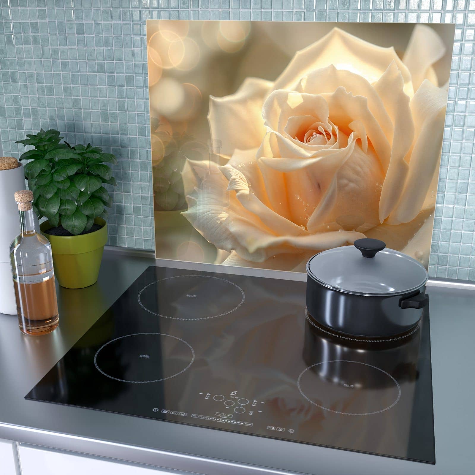 1-teilige Herdabdeckplatte für Ceranfeld mit Elegante Rose-Motiv als Spritzschutz