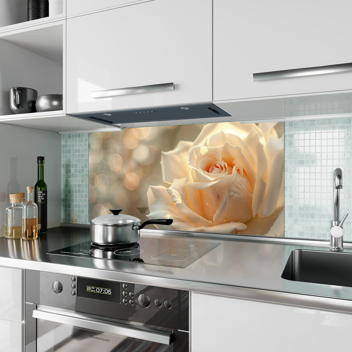 Küchenrückwand aus Glas Rose mit Wassertropfen im Hochformat als Spritzschutz hinter dem Kochfeld, über dem Fliesenspiegel montiert