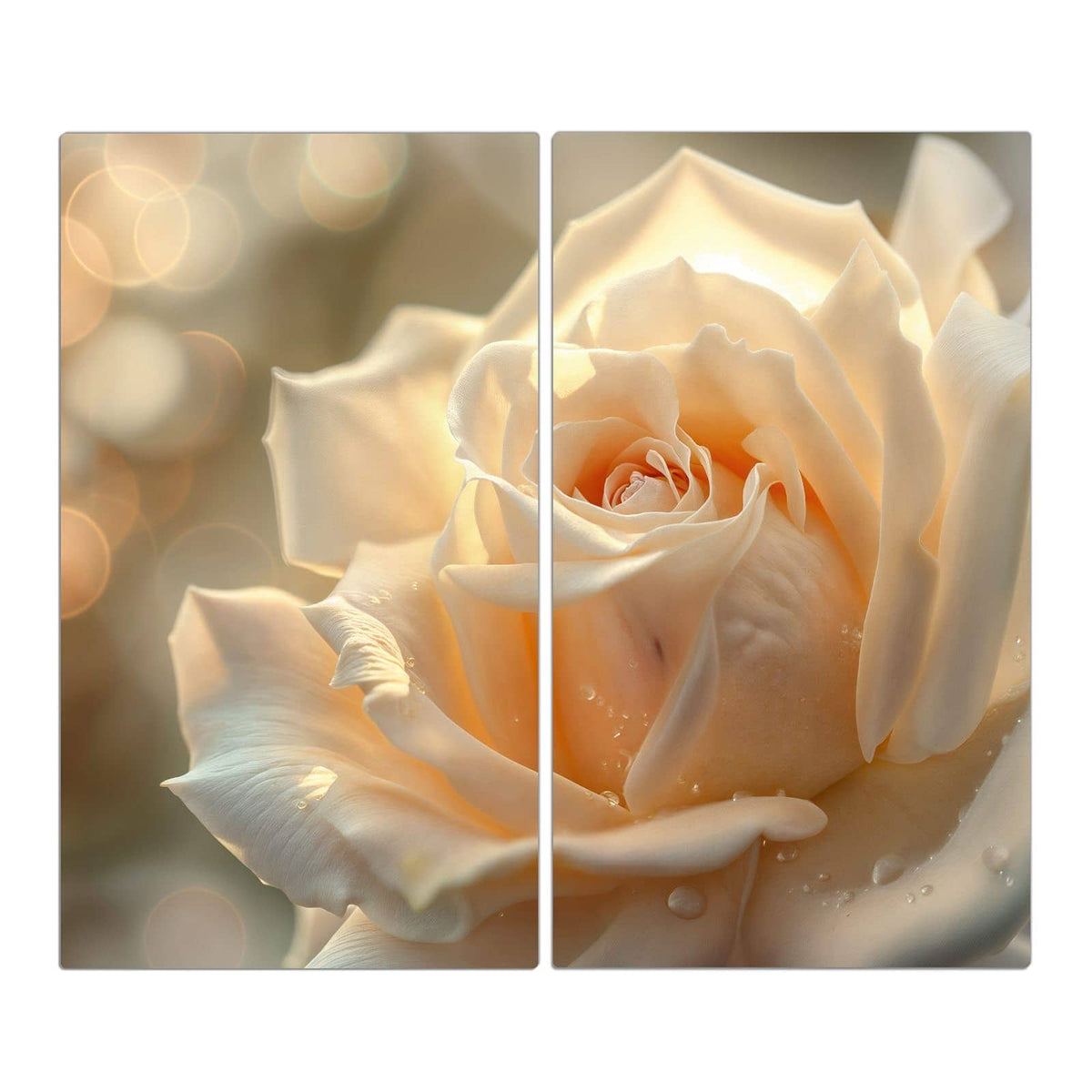 Cremeweiße Rose mit Wassertropfen vor goldenem Bokeh