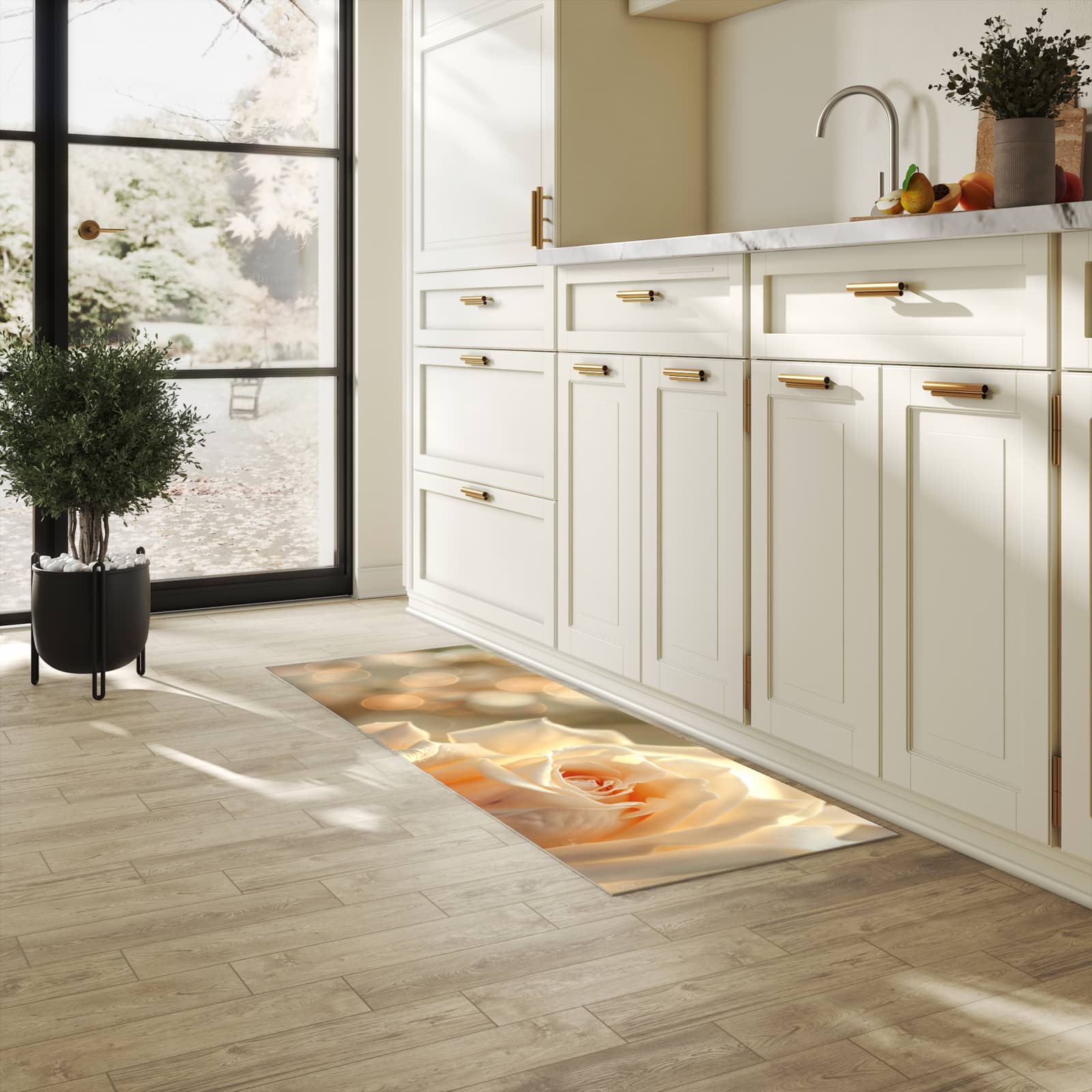 Strapazierfähiger abwaschbarer Küchenläufer mit Motiv Elegante Rose in heller Küche