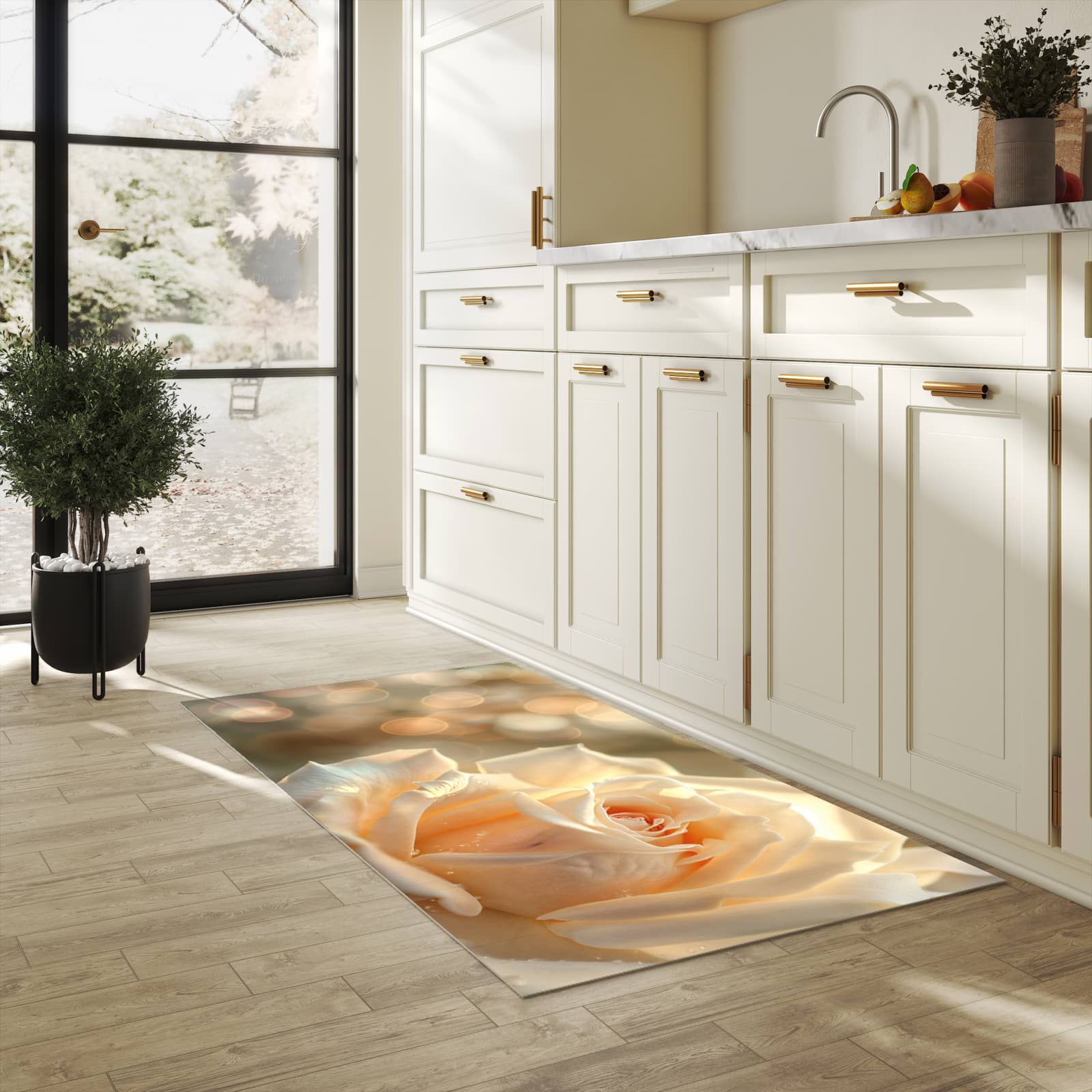 Formstabiler Küchenteppich mit Motiv Elegante Rose in heller Küche