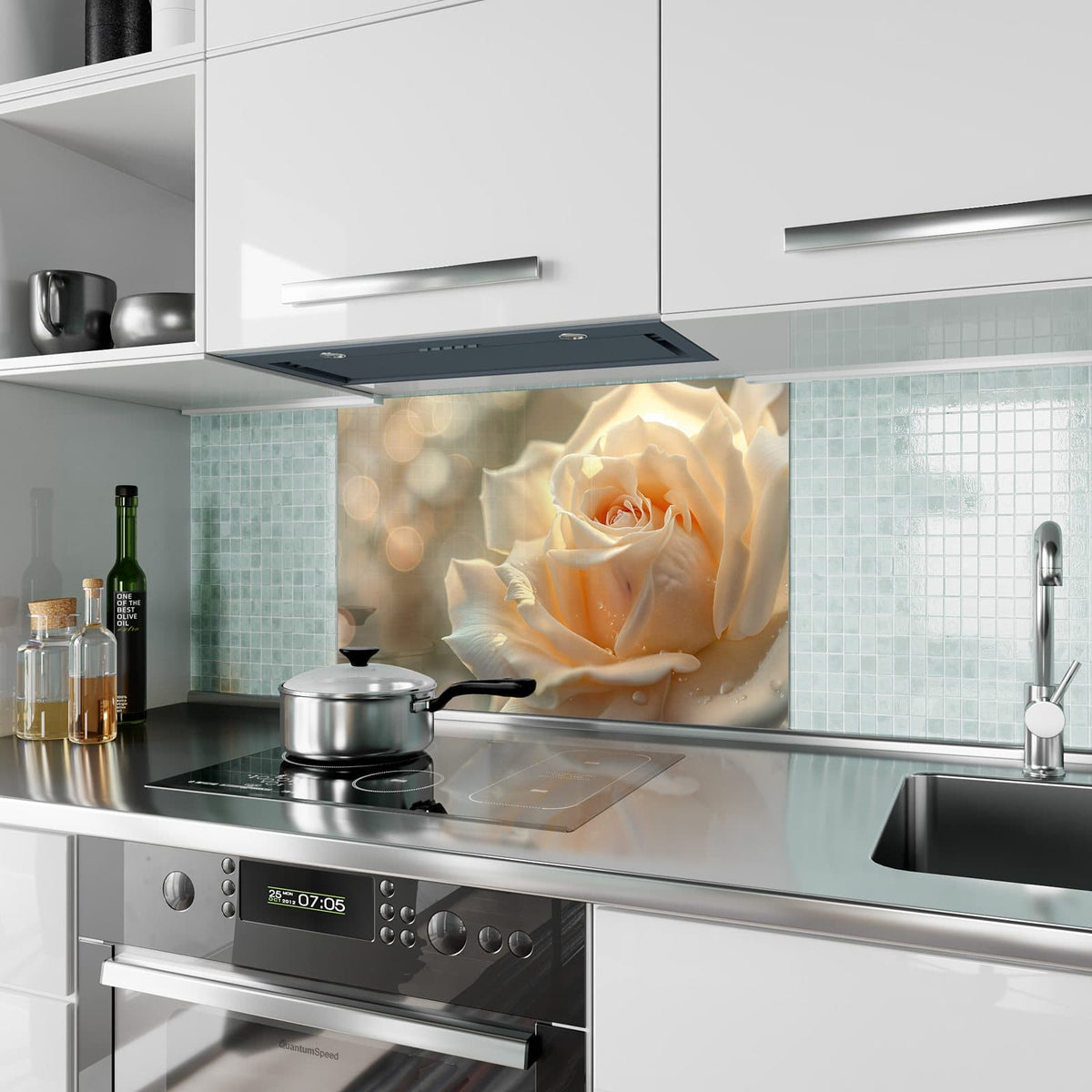 Küchenrückwand aus Glas Rose mit Wassertropfen im Hochformat als Spritzschutz hinter dem Kochfeld, über dem Fliesenspiegel montiert