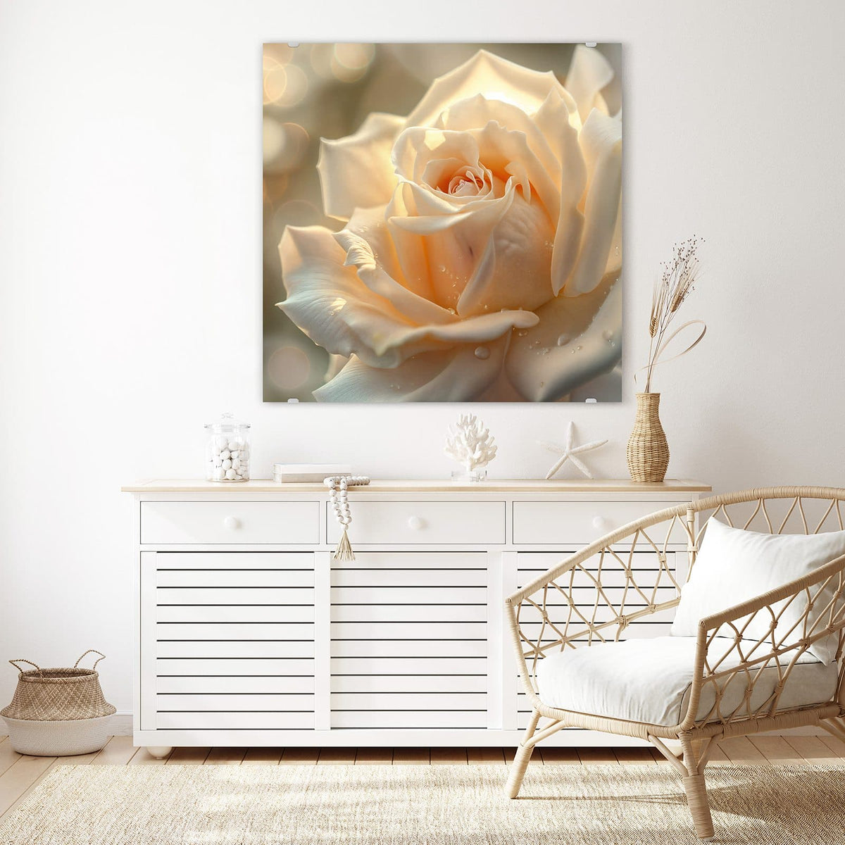 Glasbild Rose mit Wassertropfen an der Wand – Cremeweiße Rose mit Wassertropfen vor goldenem Bokeh