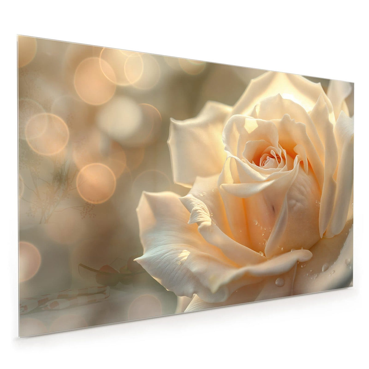 Küchenrückwand aus Glas im Hochformat: Cremeweiße Rose mit Wassertropfen vor goldenem Bokeh