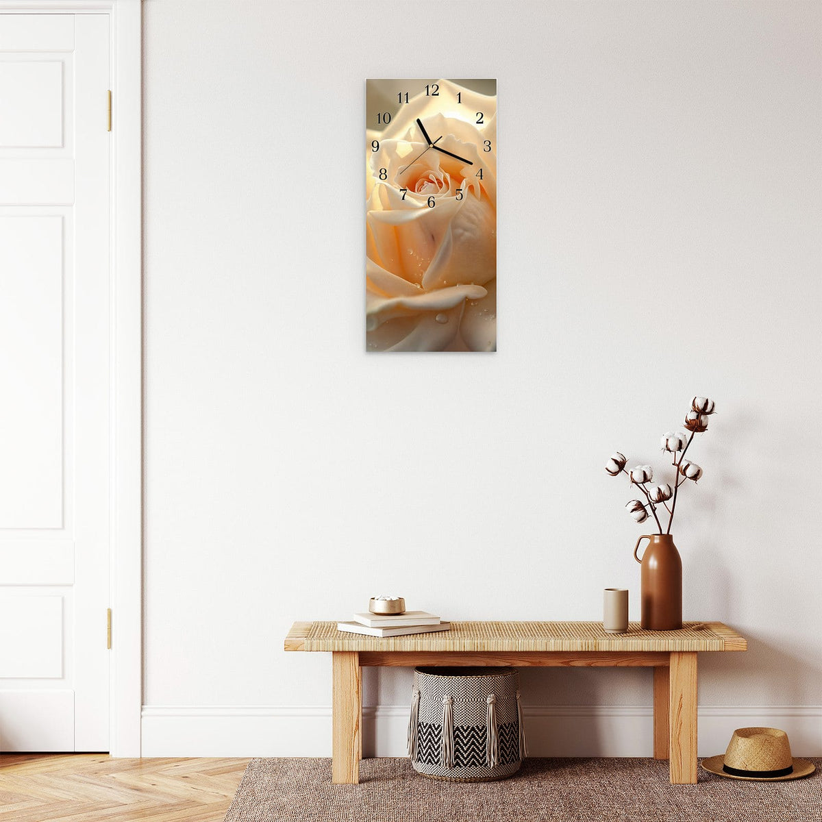 Moderne Wanduhr aus Glas mit Farbtiefe – Wanduhr Elegante Rose aus Glas – Hochformat 30 × 60 cm