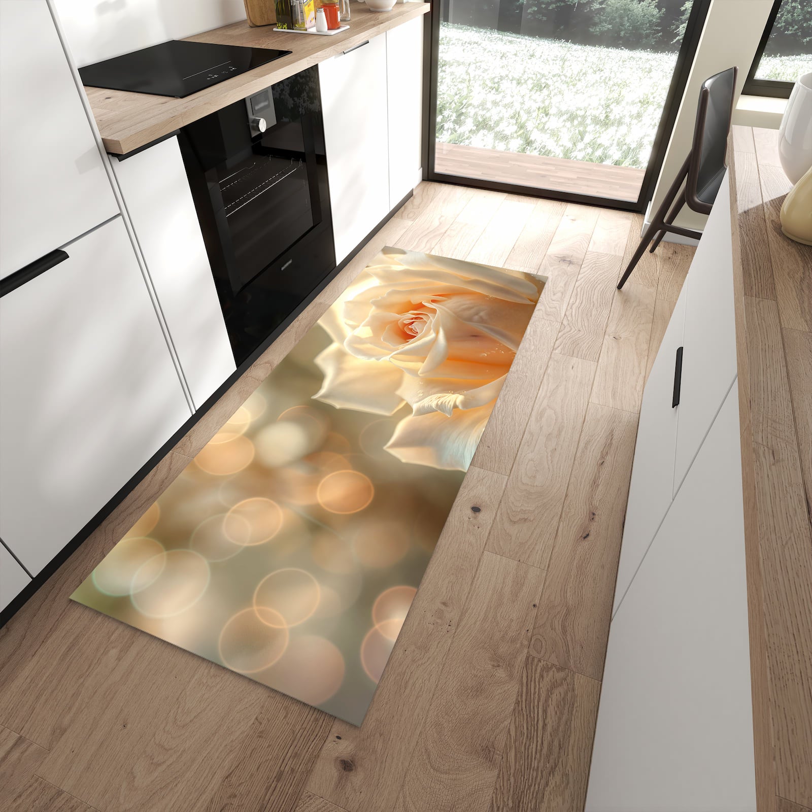 Strapazierfähiger Küchenläufer mit Motiv Elegante Rose in moderner Küche