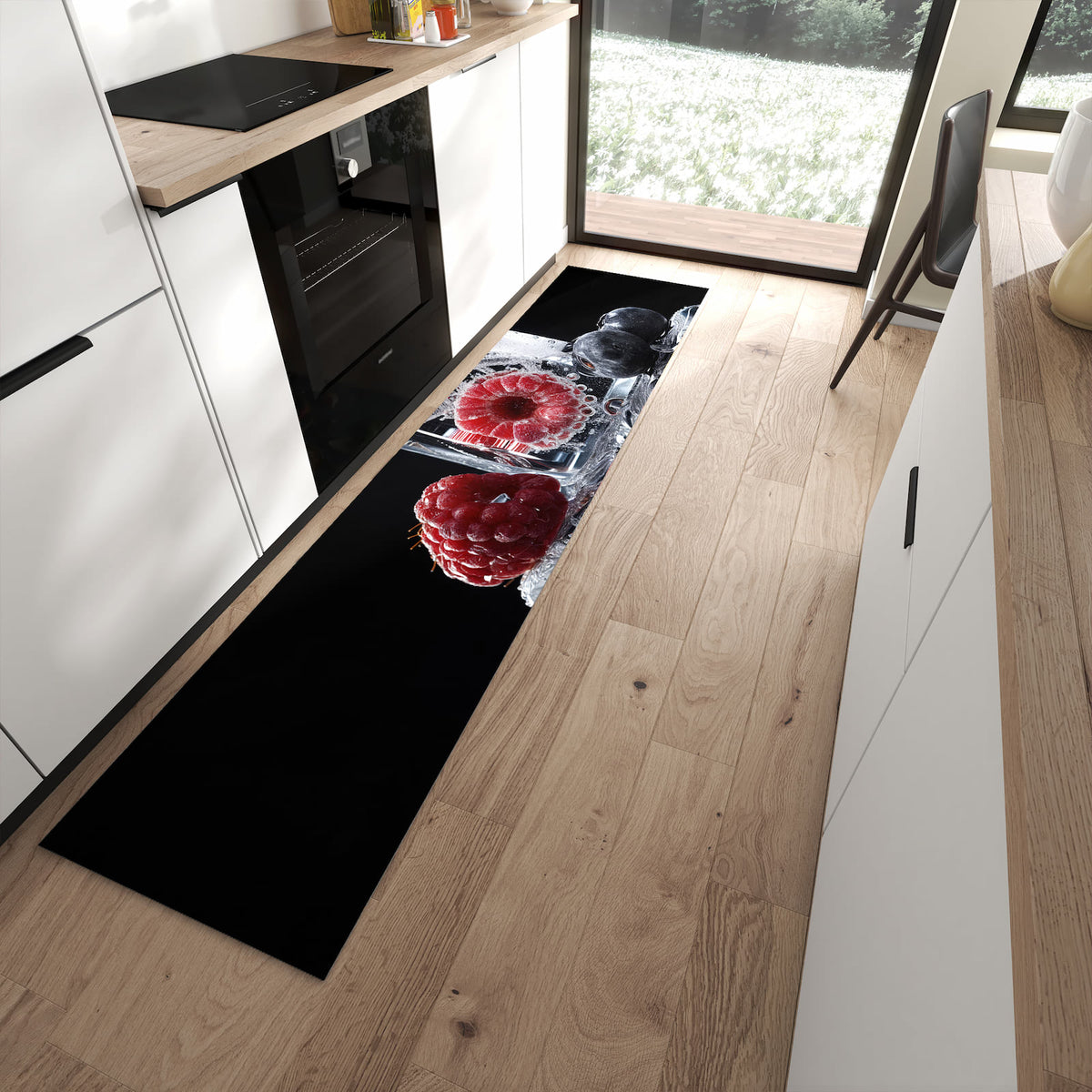 Geräuschdämpfender Teppich für Esstisch mit Motiv Gefrorene Früchte in moderner Küche