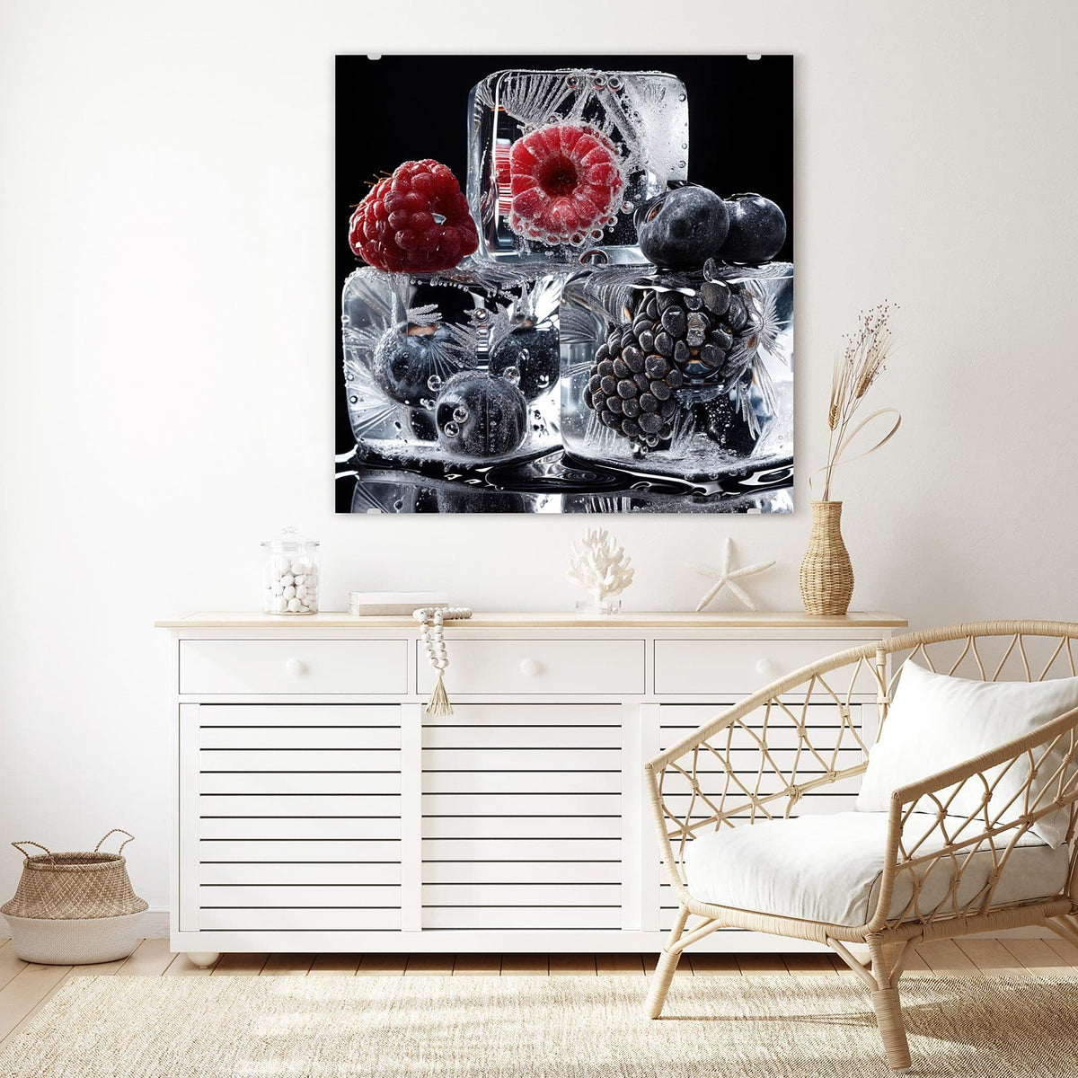 Echtglas, 4 mm – kein Acryl, keine Folie – Wandbild - Beeren auf Schwarz - Quadratisch