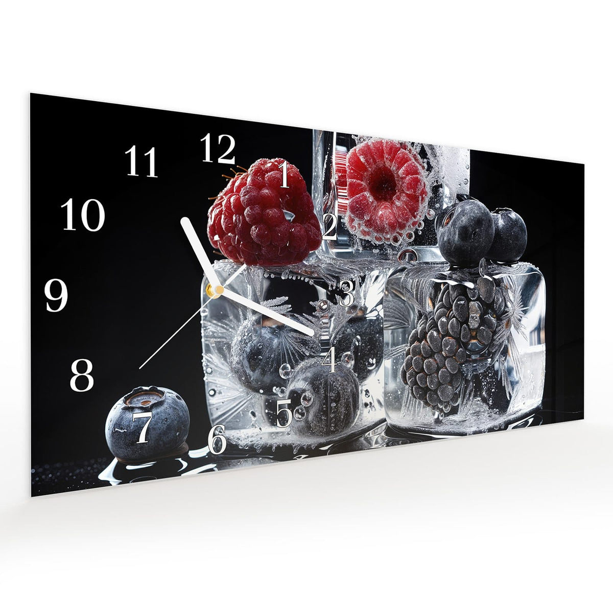 Vormontiert – mit Schwebeeffekt – Wanduhr Gefrorene Früchte aus Glas – Querformat 60 × 30 cm