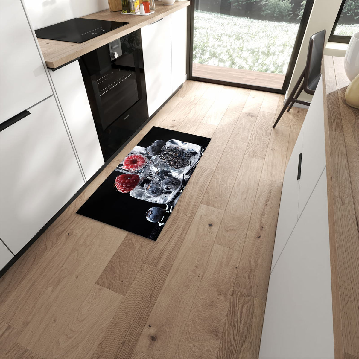 Farbbeständiger dünner Teppich mit Motiv Gefrorene Früchte in moderner Küche #grösse_60 x 120 cm