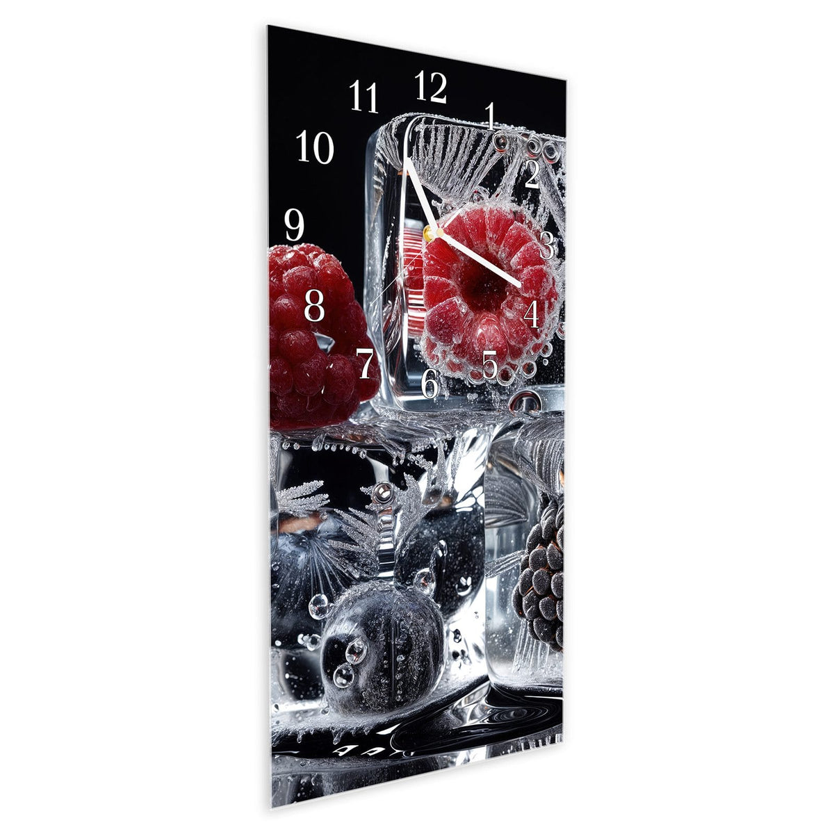 Vormontiert – mit Schwebeeffekt – Wanduhr Gefrorene Früchte aus Glas – Hochformat 30 × 60 cm