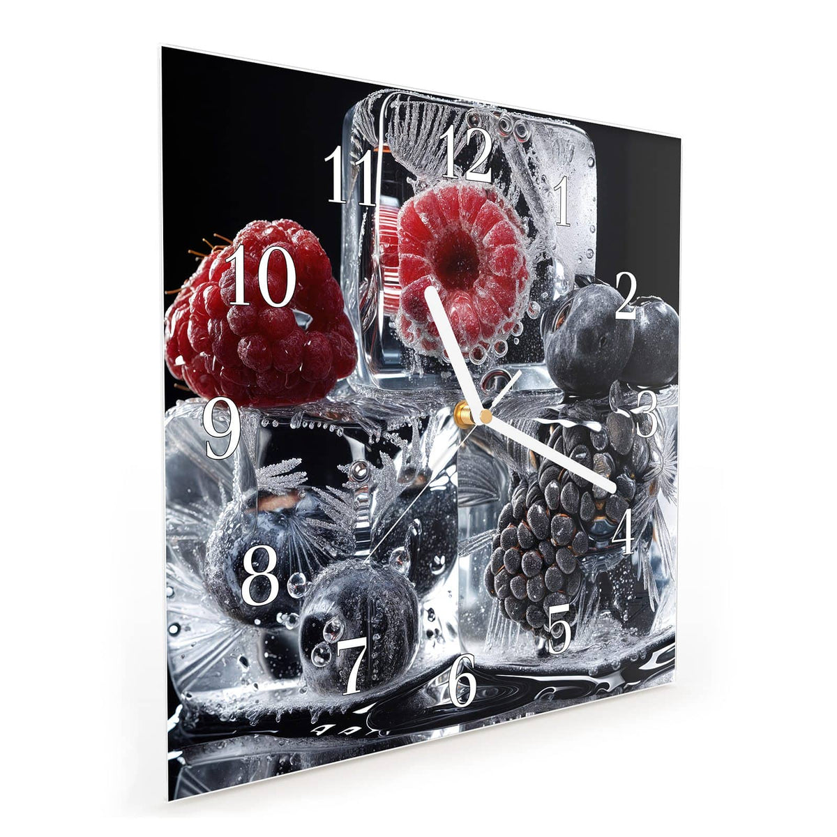 Quadratische Wanduhr aus Glas Beeren auf Schwarz schräg von der Seite, 4 mm starkes Glas