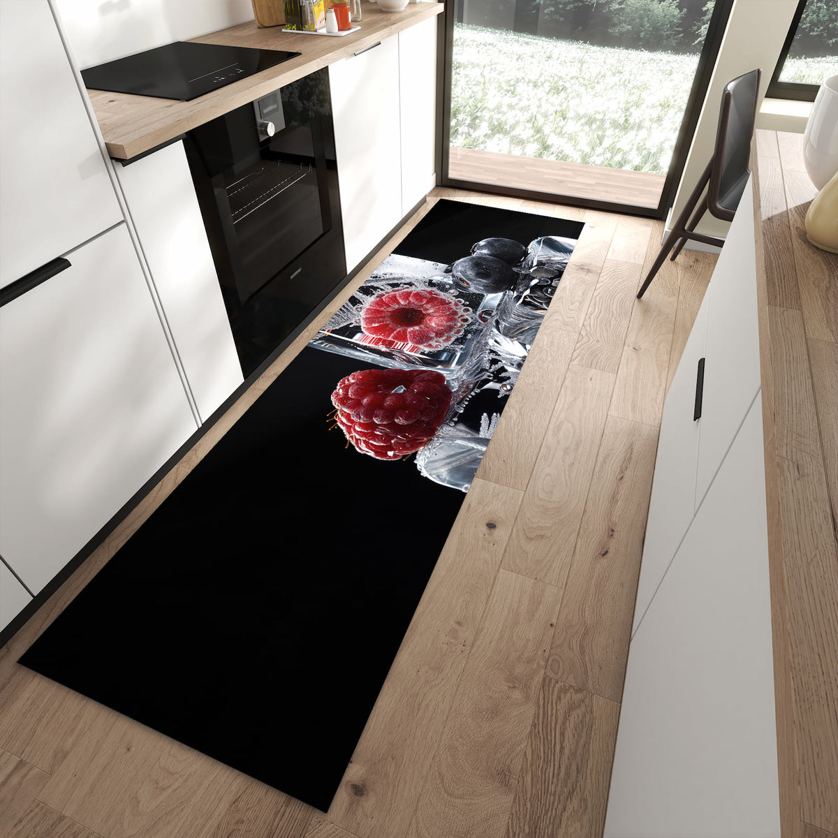 Fleckenresistenter waschbarer Küchenteppich mit Motiv Gefrorene Früchte in moderner Küche