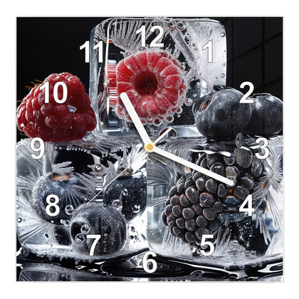 Wanduhr Quadratisch mit dem Motiv Beeren auf Schwarz