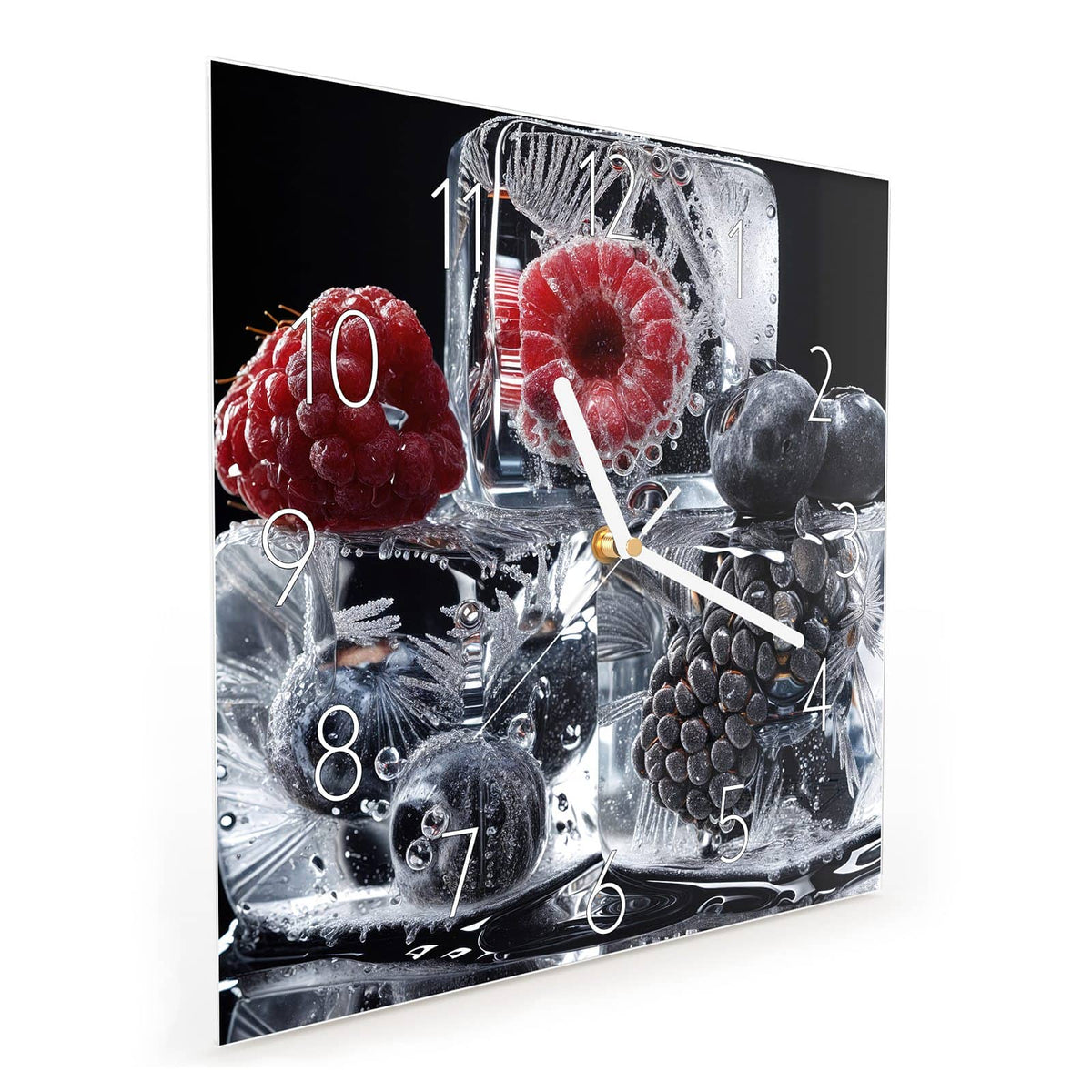 Quadratische Wanduhr aus Glas Beeren auf Schwarz schräg von der Seite, 4 mm starkes Glas