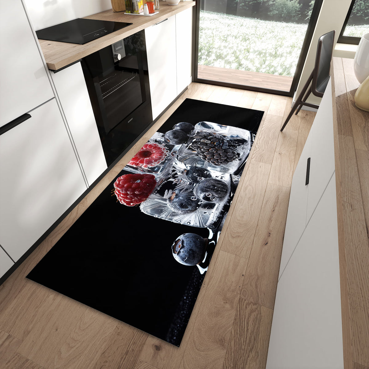 Langlebiger Küchenteppich mit Motiv Gefrorene Früchte in moderner Küche