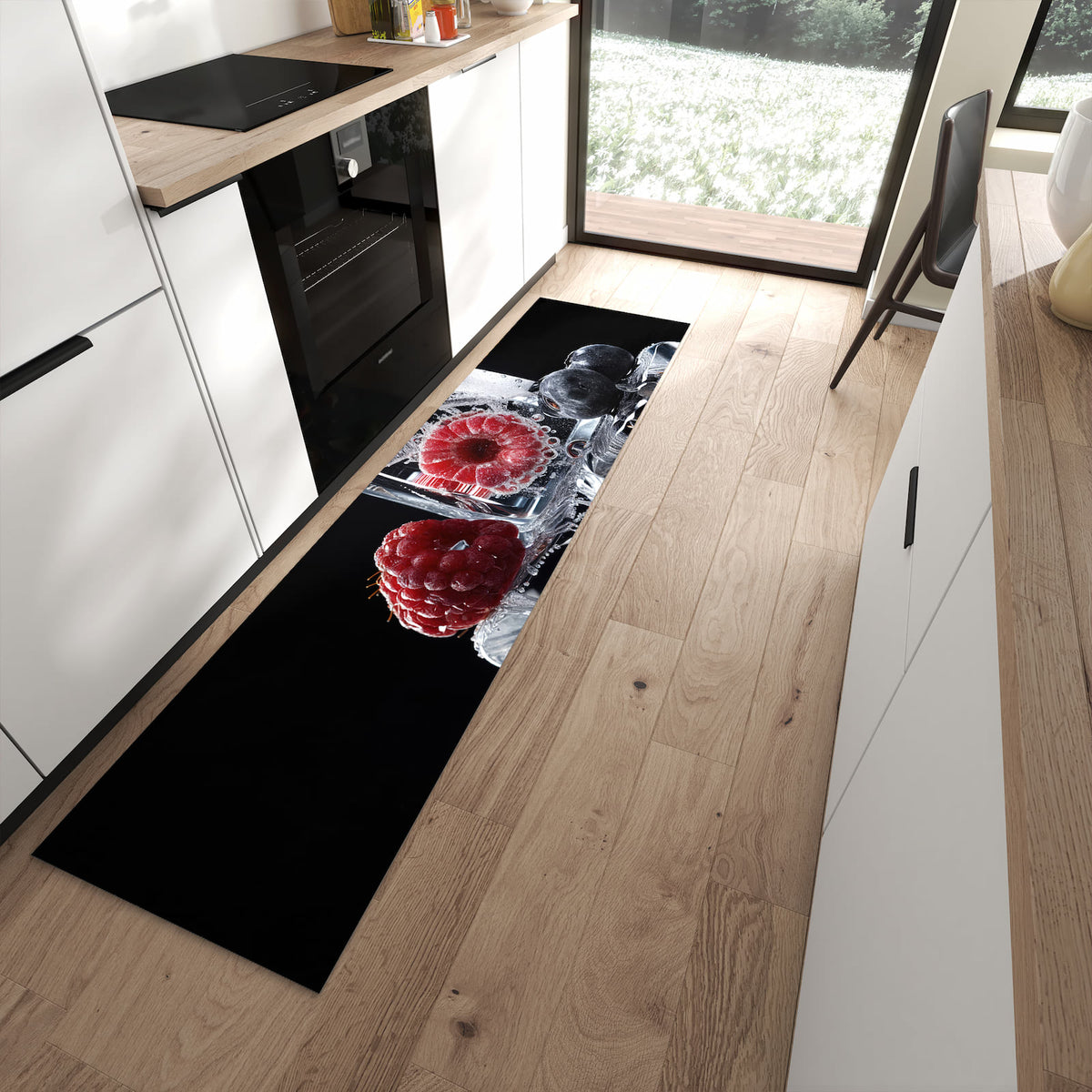 Waschbarer Teppich fürs Esszimmer mit Motiv Gefrorene Früchte in moderner Küche