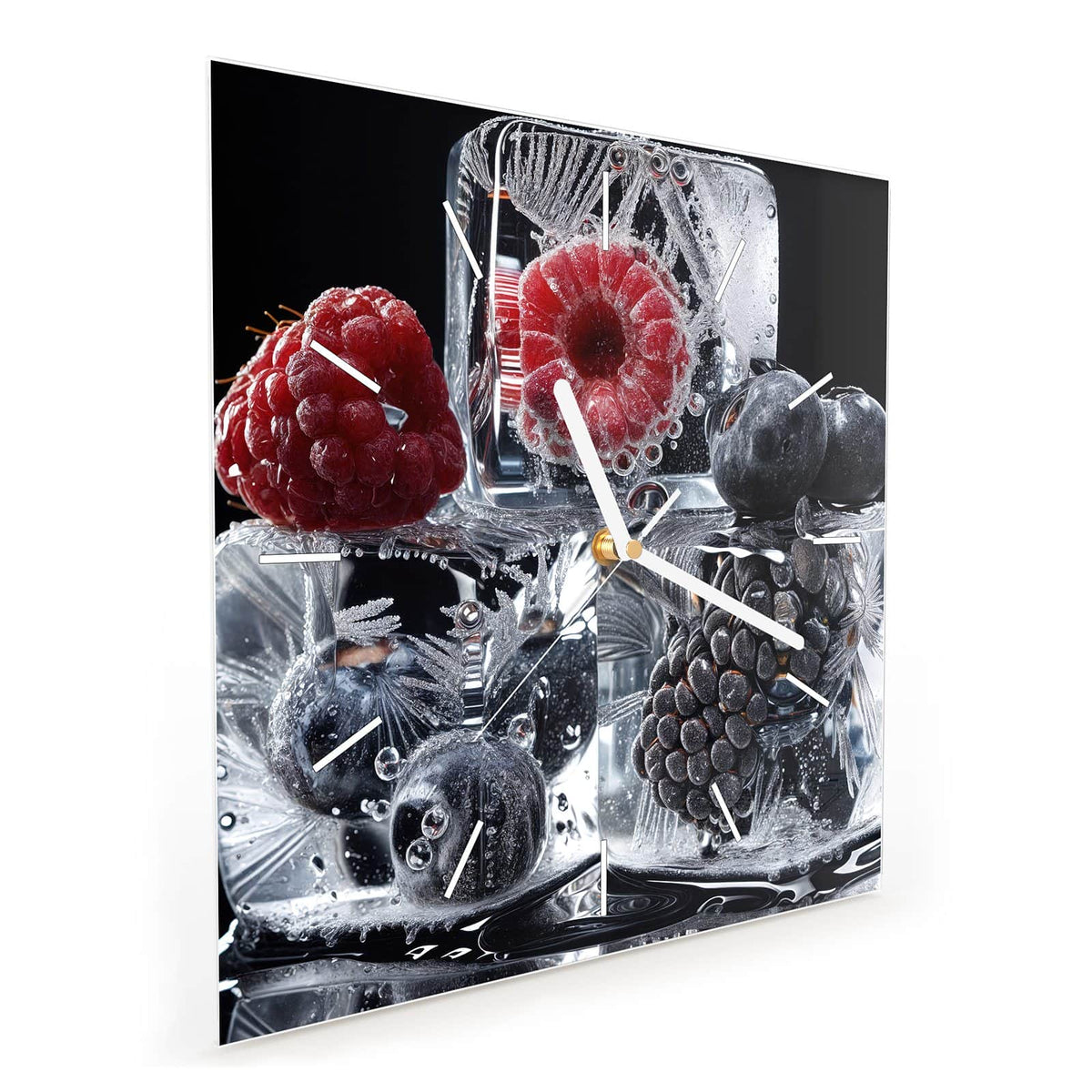 Quadratische Wanduhr aus Glas Beeren auf Schwarz schräg von der Seite, 4 mm starkes Glas