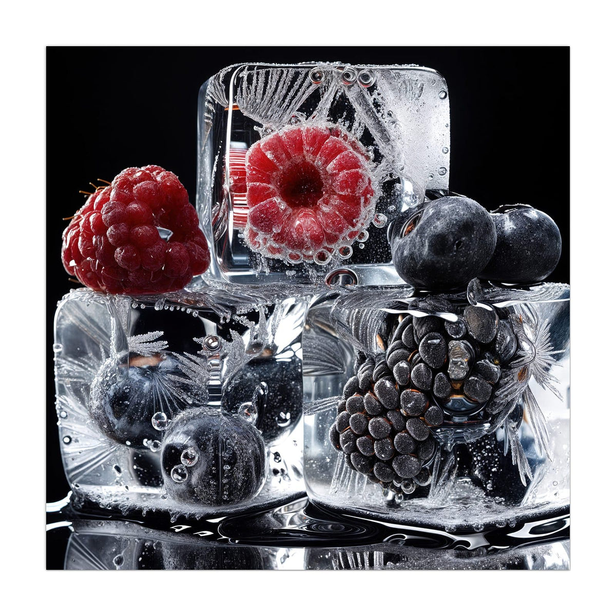 Himbeere, Blaubeeren und Brombeere in Eiswürfeln vor tiefschwarzem Grund