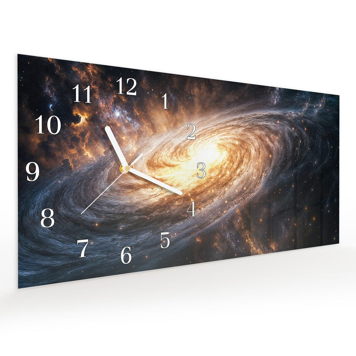 Vormontiert – mit Schwebeeffekt – Wanduhr Galaxie Nachthimmel aus Glas – Querformat 60 × 30 cm