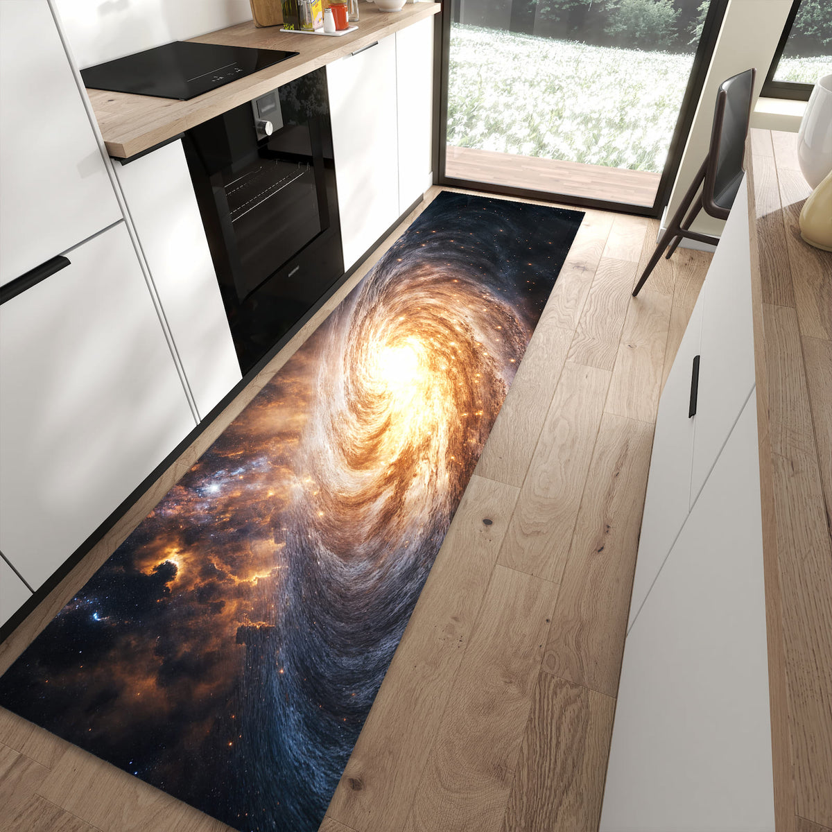 Bodenschonender langer Teppich mit Motiv Galaxie Nachthimmel in moderner Küche