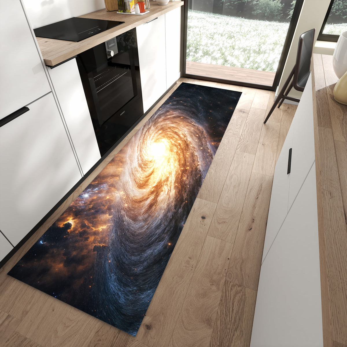 Feuchtigkeitsresistenter waschbarer Küchenläufer mit Motiv Galaxie Nachthimmel in moderner Küche